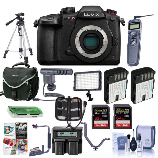 Panasonic Lumix DC-GH5s Mirrorless Camera Body-Bundle With 6432GB SDHC U3 Card-2xBattery-Case-Tripod-Remote Release-Video Light, Mic-Software-more